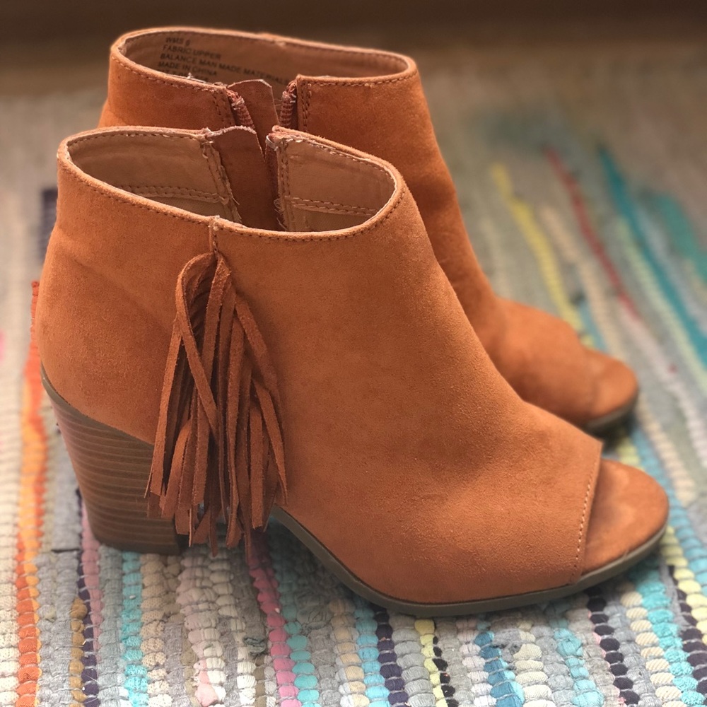 Camel Colored Suede Fringe Booties